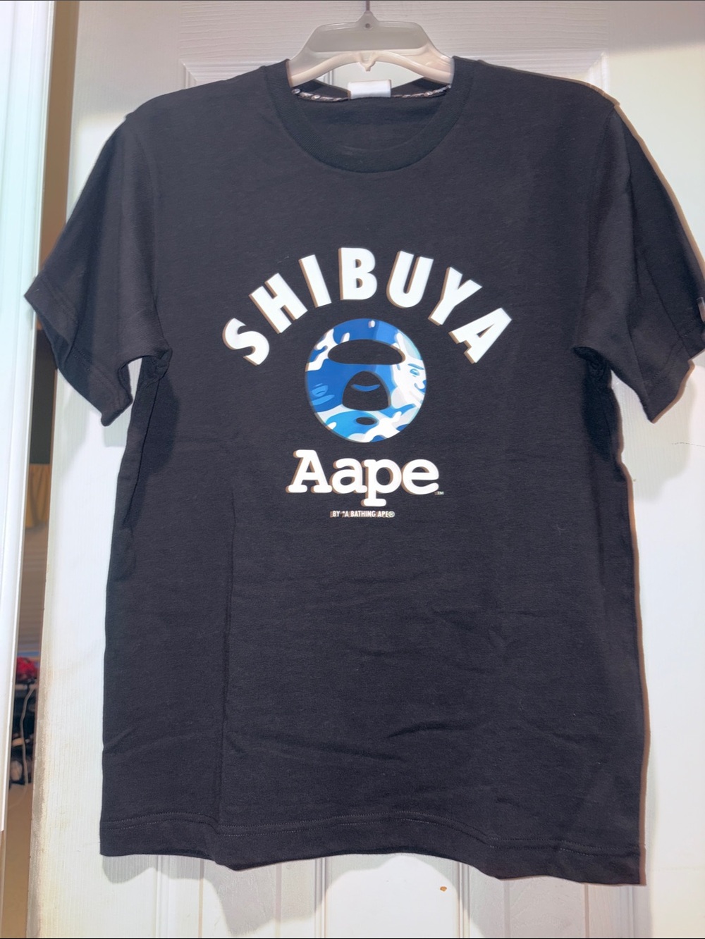 A Bathing Ape Shibuya Graphic Tee - Black with Blue Camo Logo